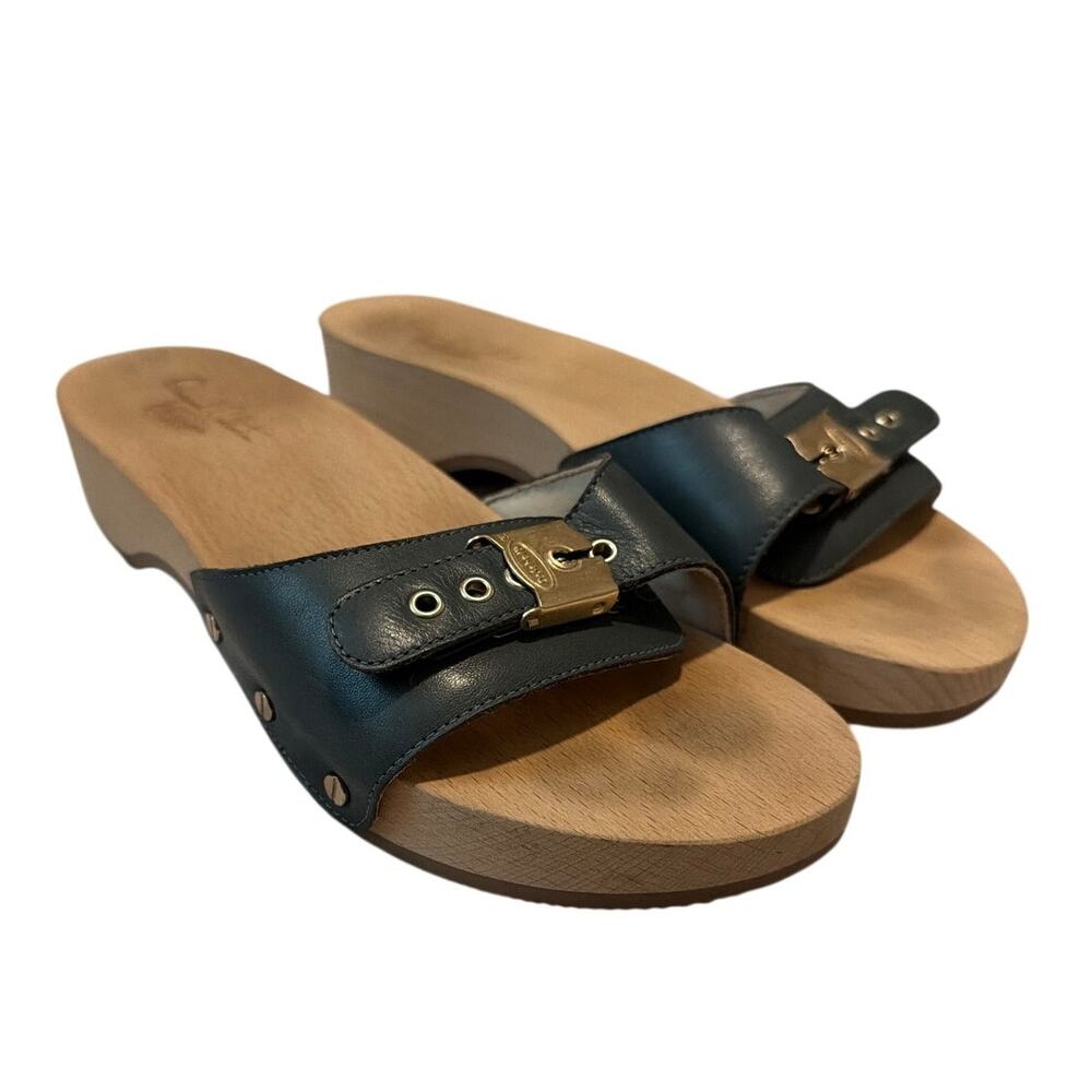 Dr. Scholls Original Clog Shoes Womens Size 10 Navy Leather Wood Slide Sandals